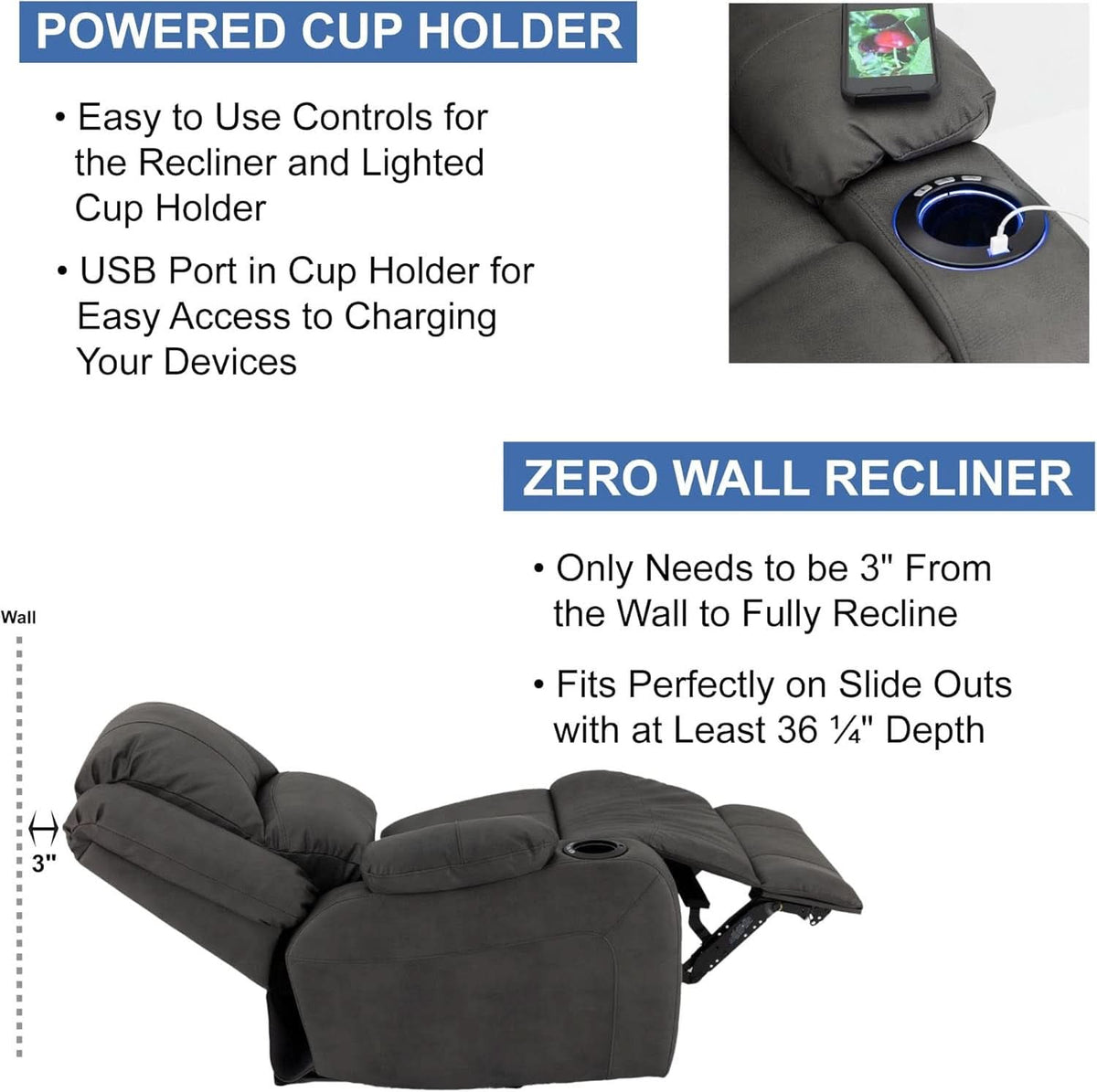67 Inch Powered Wall Hugger Recliner Sofa Gunmetal Fabric