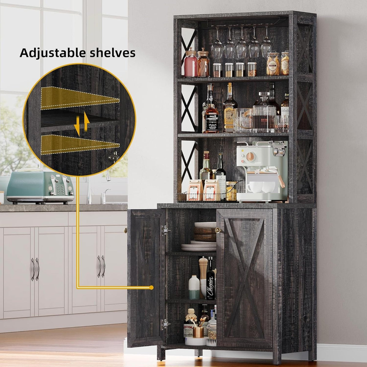 67 Inch Rustic Oak Wine Bar Cabinet With Adjustable Shelves