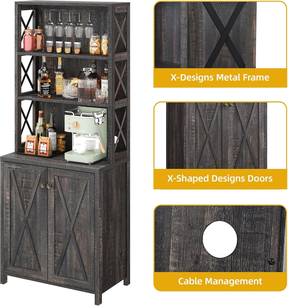 67 Inch Rustic Oak Wine Bar Cabinet With Adjustable Shelves