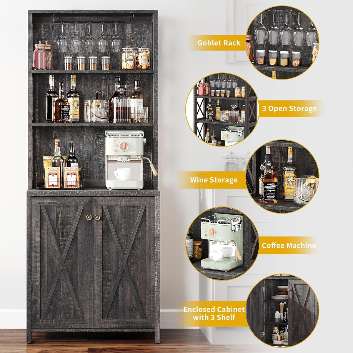 67 Inch Rustic Oak Wine Bar Cabinet With Adjustable Shelves