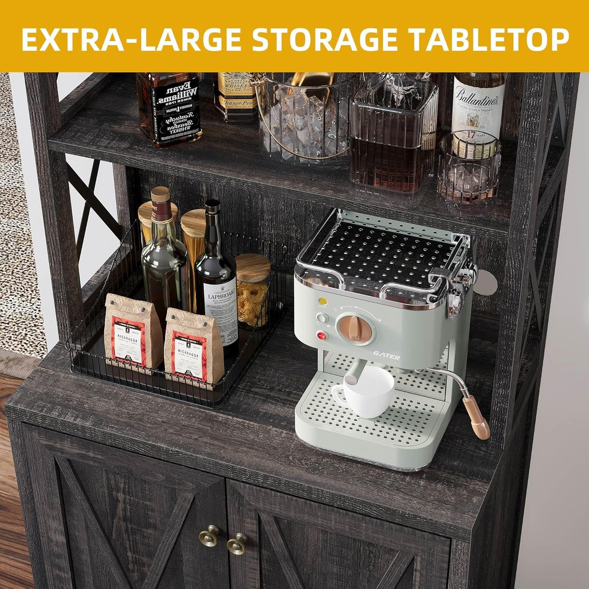 67 Inch Rustic Oak Wine Bar Cabinet With Adjustable Shelves