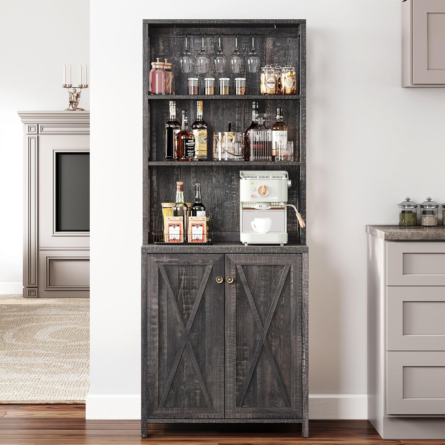 67 Inch Rustic Oak Wine Bar Cabinet With Adjustable Shelves