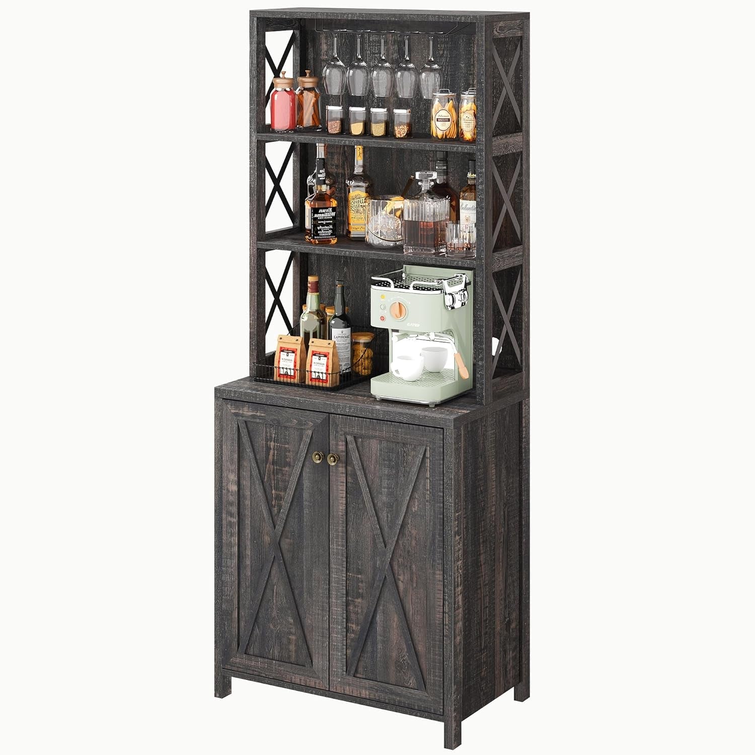 67 Inch Rustic Oak Wine Bar Cabinet With Adjustable Shelves