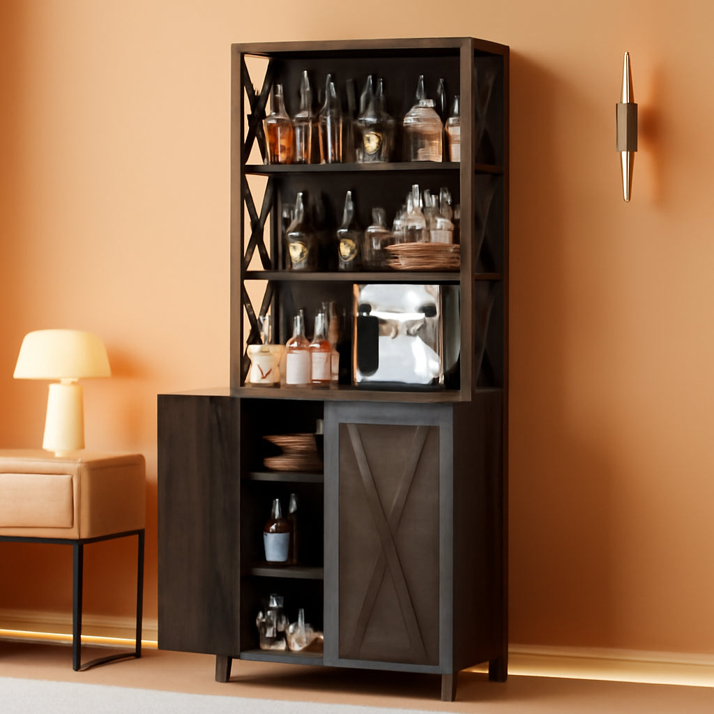 67 Inch Rustic Oak Wine Bar Cabinet With Adjustable Shelves