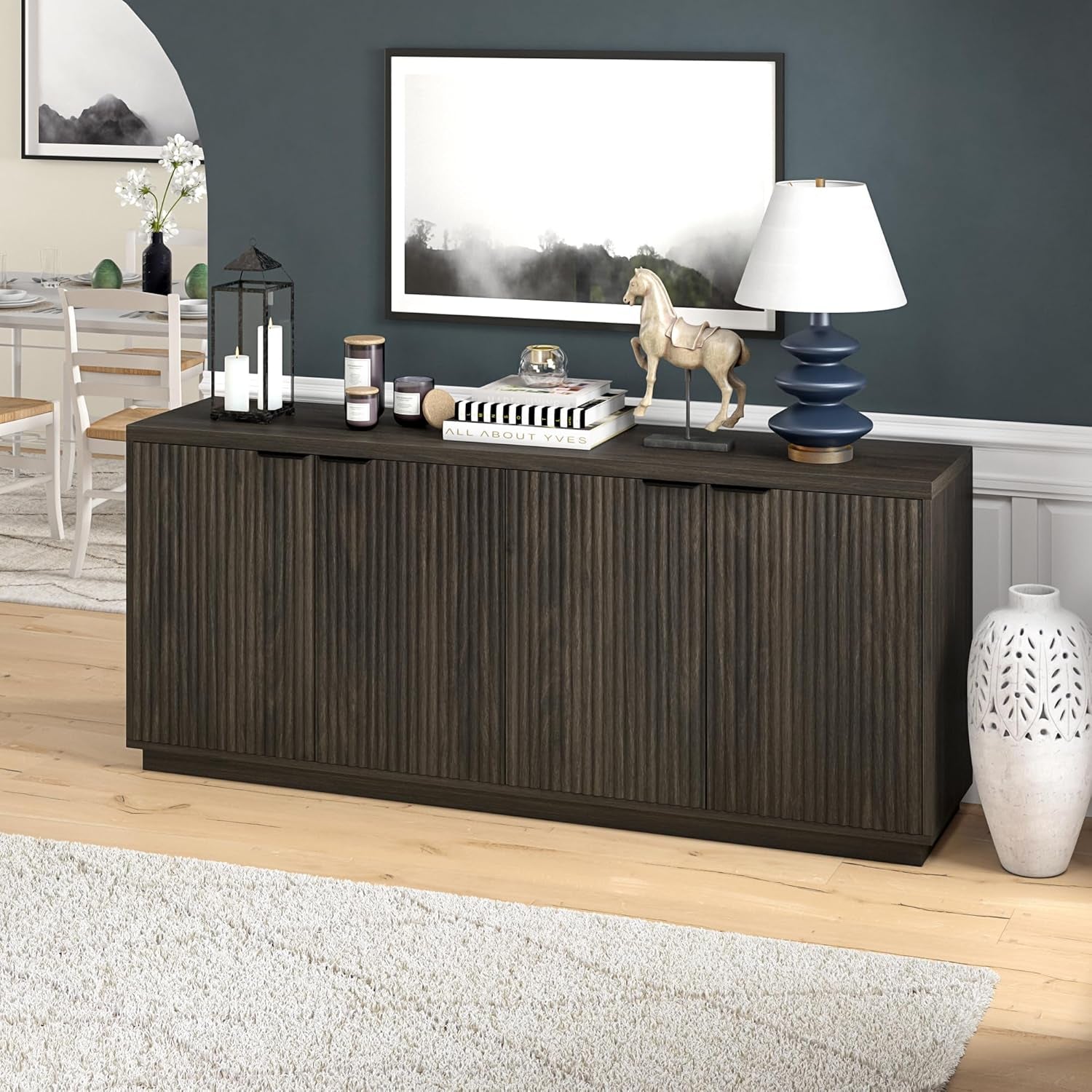 68 Inch Fluted Sideboard Buffet With Cable Management Alder Brown Finish