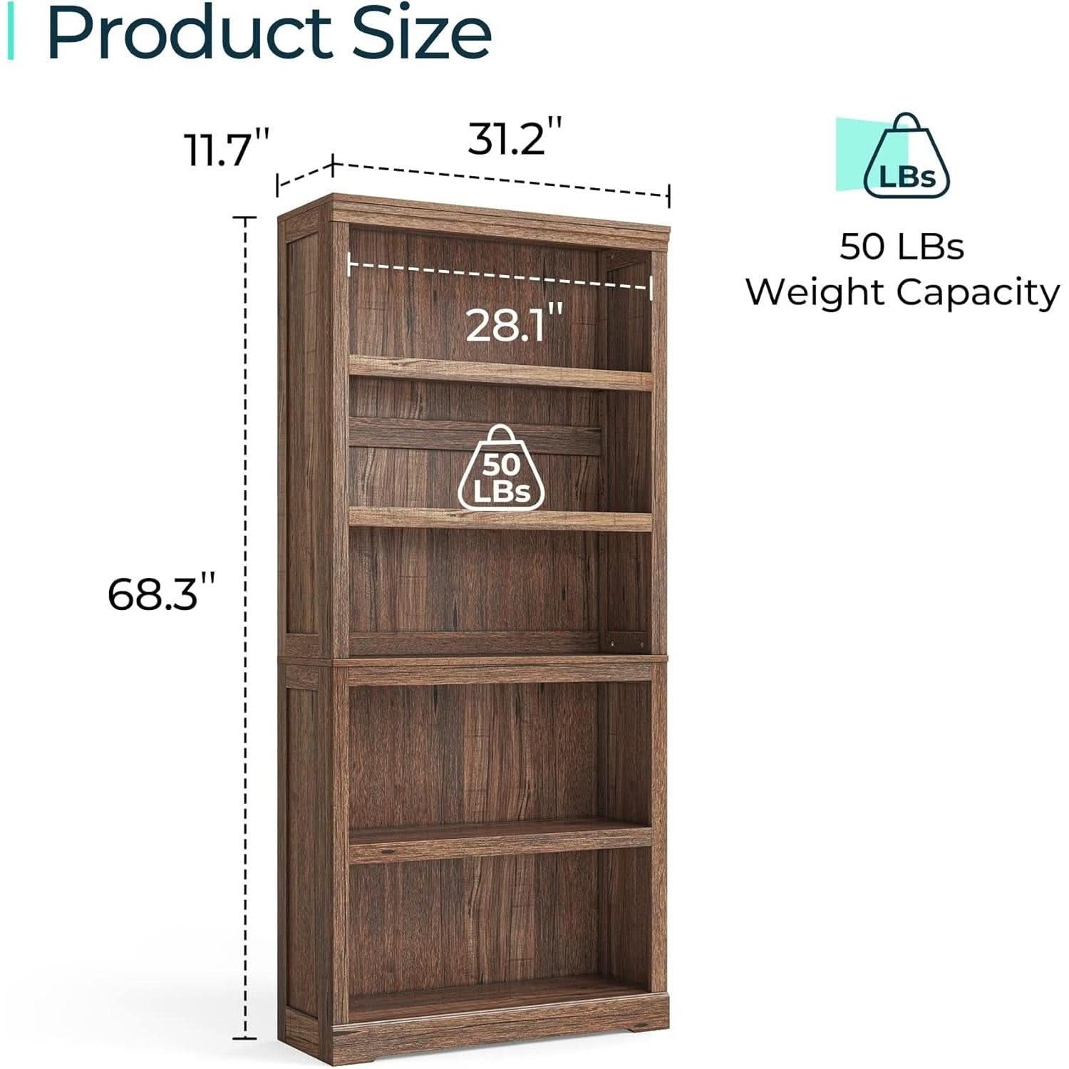 68-Inch Tall 5-Shelf Dark Brown Bookcase for Home Office