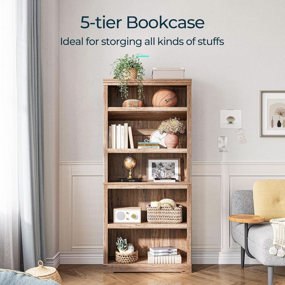 68-Inch Tall 5-Shelf Dark Brown Bookcase for Home Office