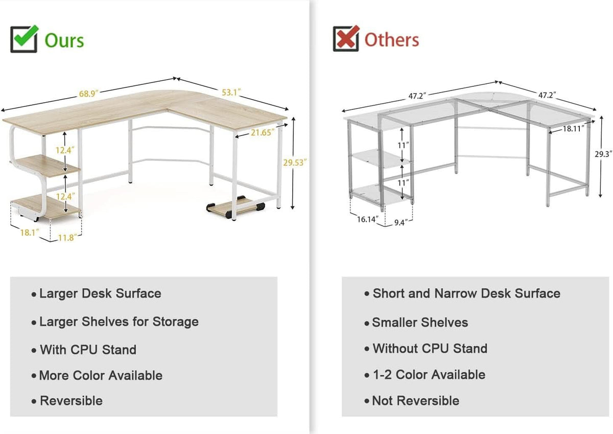 69 Inch Reversible L Shaped Desk For Home Office Use