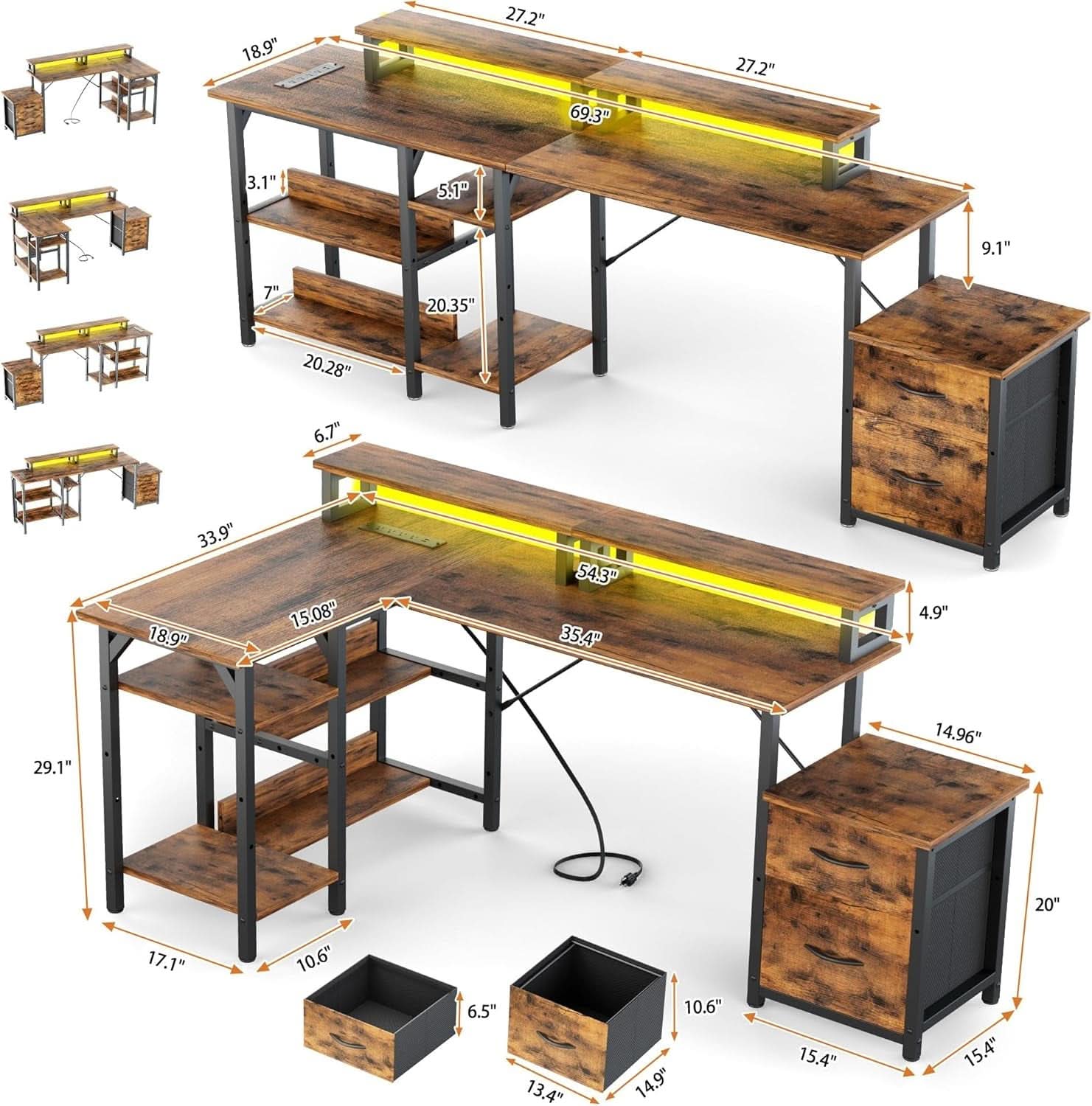 69.3 Inch L Shaped Desk With Power Outlets And Monitor Stand