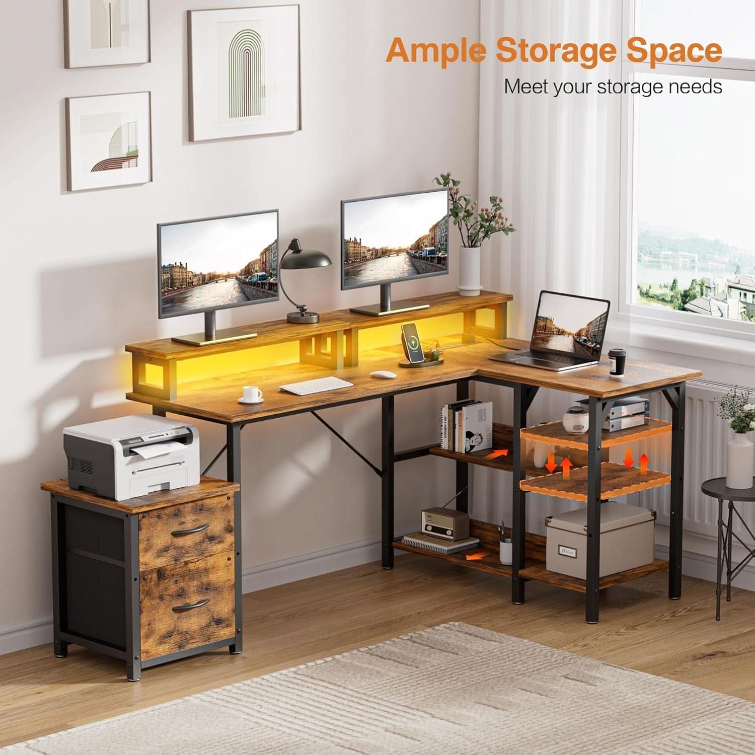 69.3 Inch L Shaped Desk With Power Outlets And Monitor Stand