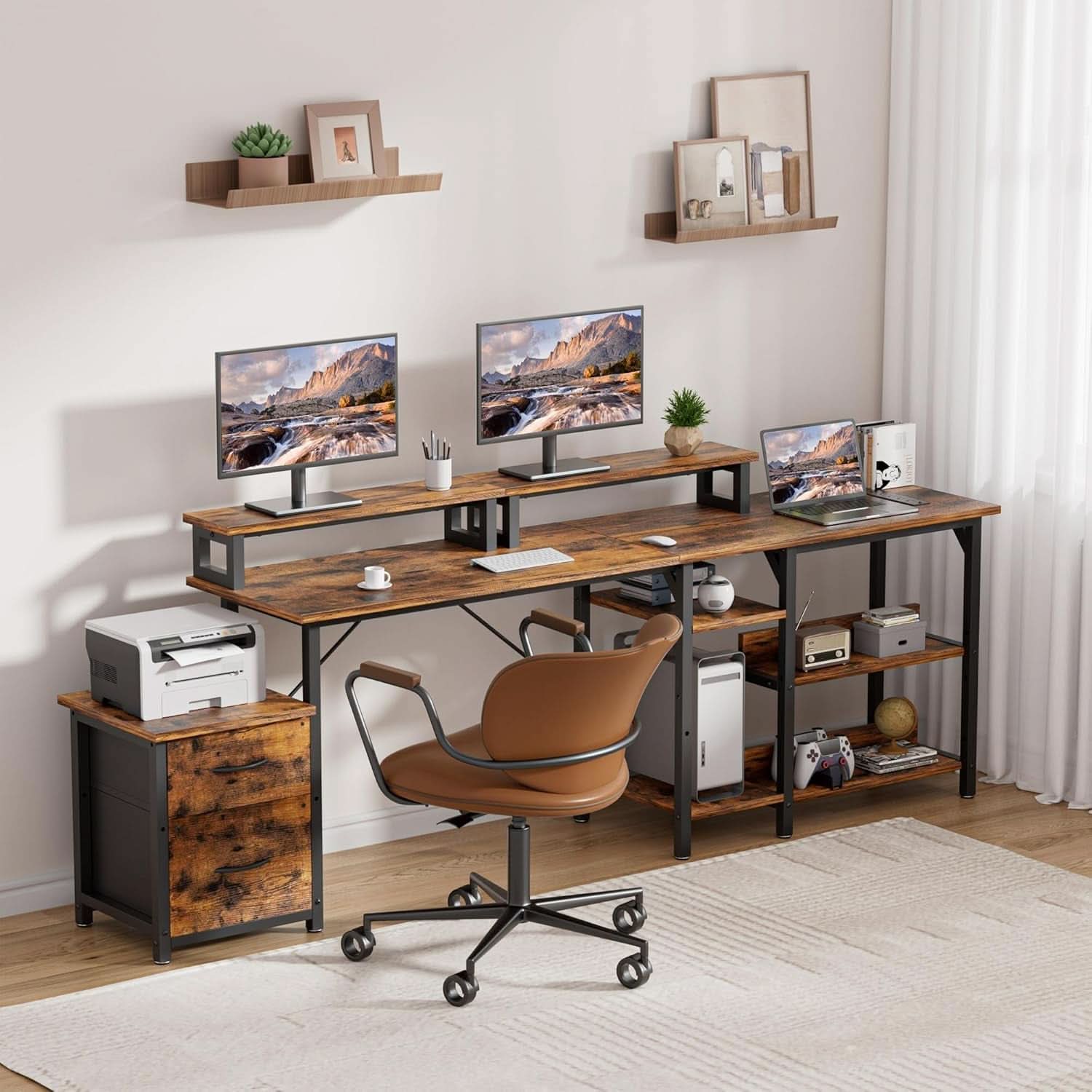 69.3 Inch L Shaped Desk With Power Outlets And Monitor Stand