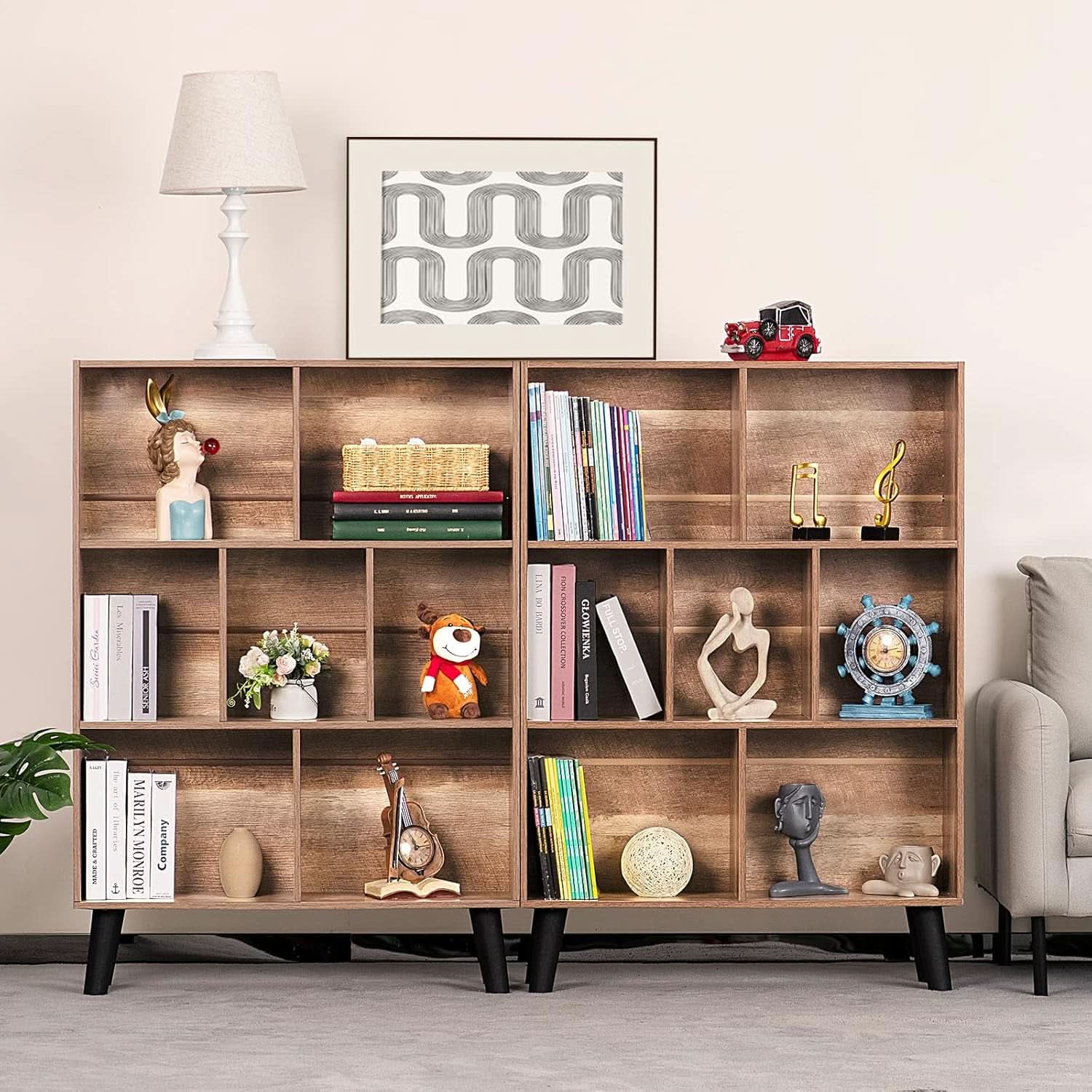 7 Cube Bookshelf 3 Tier Modern With Legs Oak Grey Display