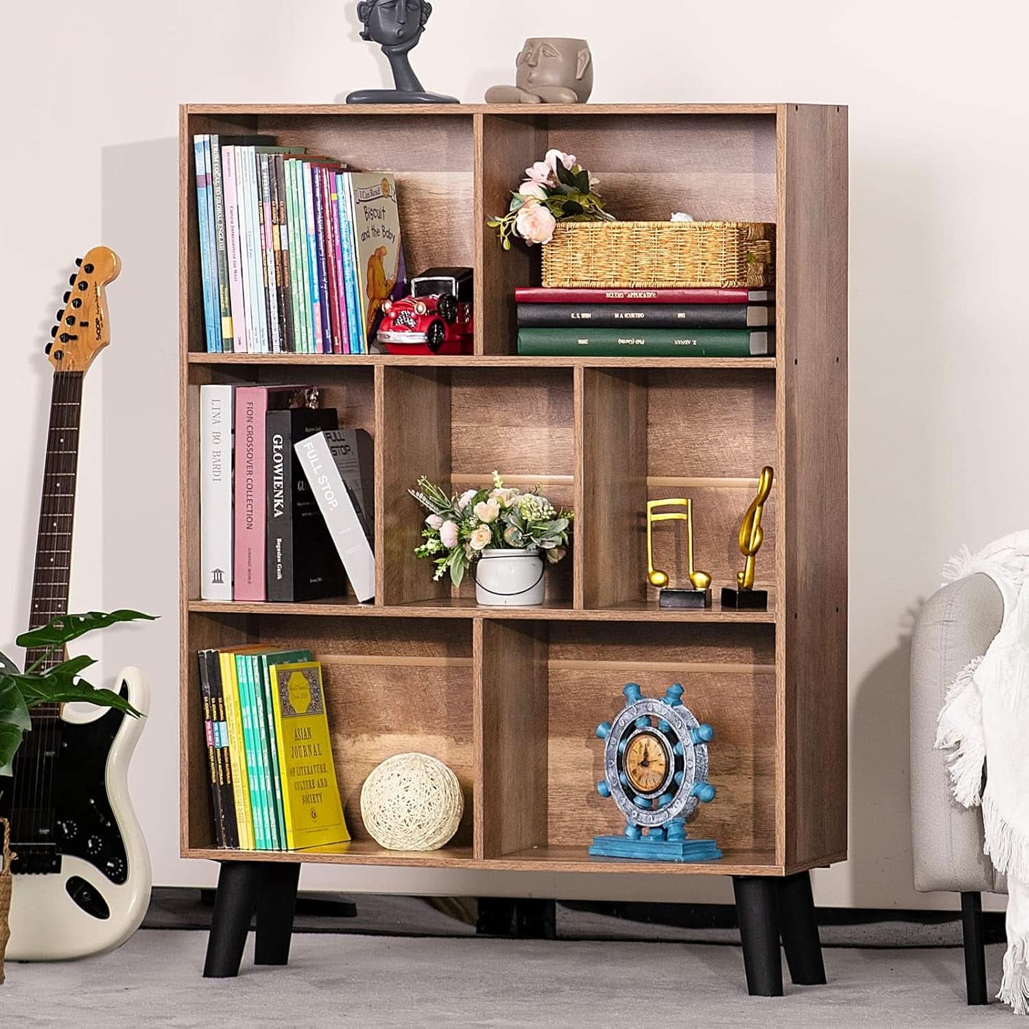 7 Cube Bookshelf 3 Tier Modern With Legs Oak Grey Display