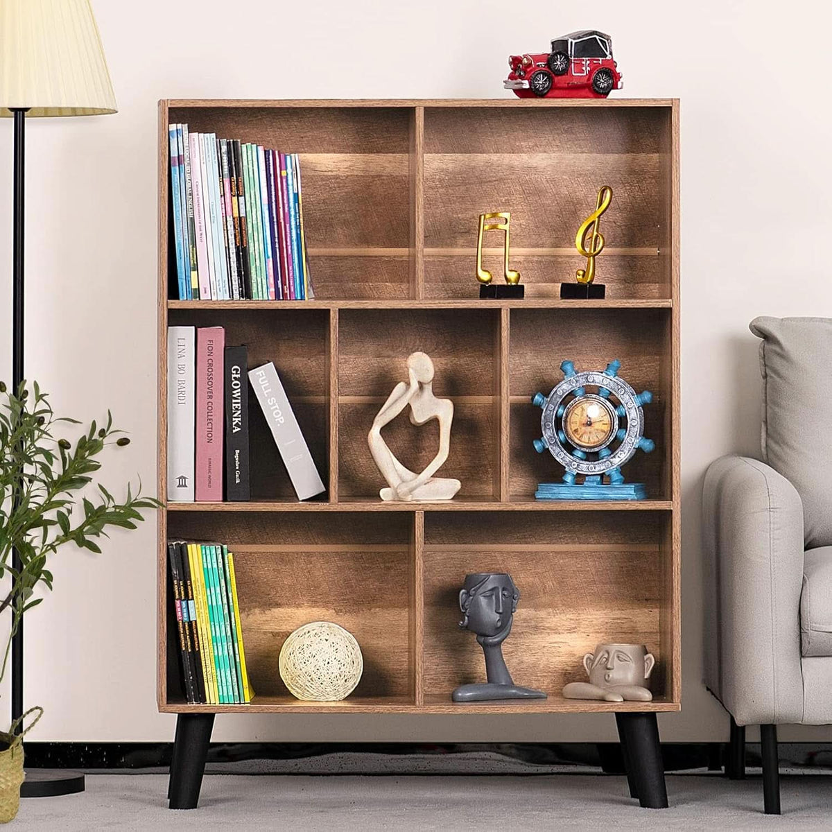 7 Cube Bookshelf 3 Tier Modern With Legs Oak Grey Display
