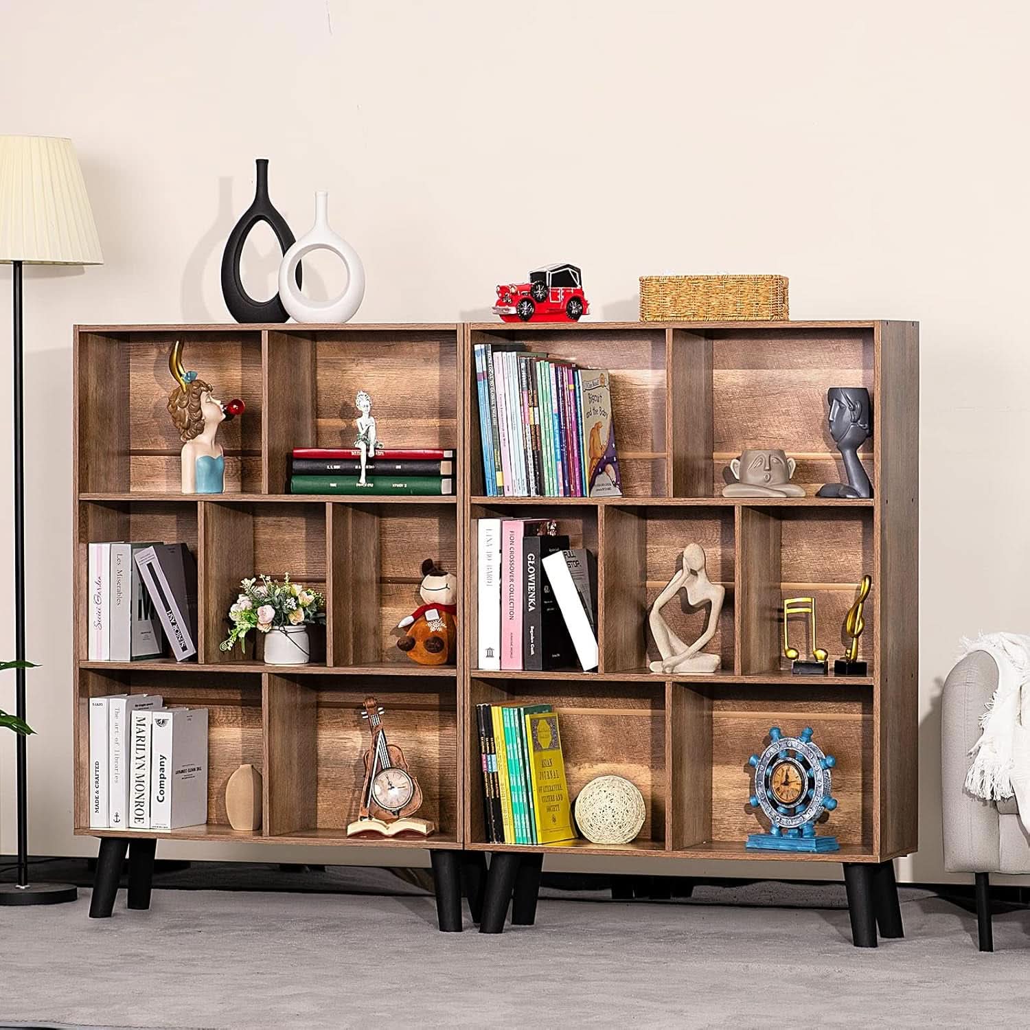 7 Cube Bookshelf 3 Tier Modern With Legs Oak Grey Display