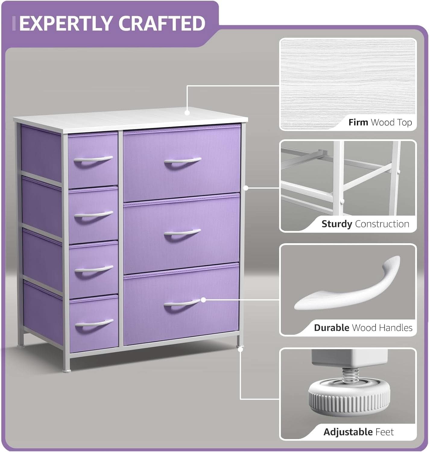 7 Drawer Dresser In Pastel Purple For Kids Clothes Storage