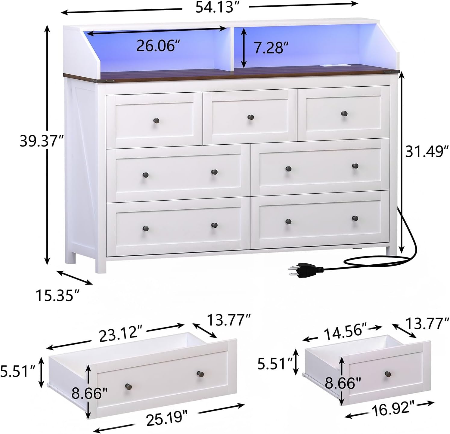 7 Drawer Dresser With Charging Station And RGB Lights