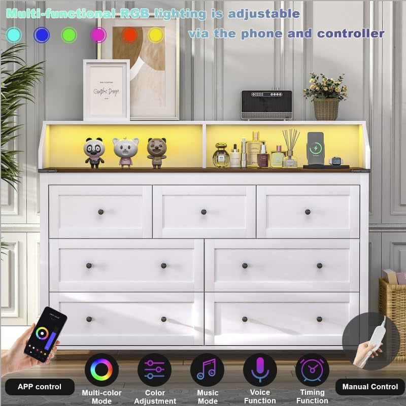 7 Drawer Dresser With Charging Station And RGB Lights