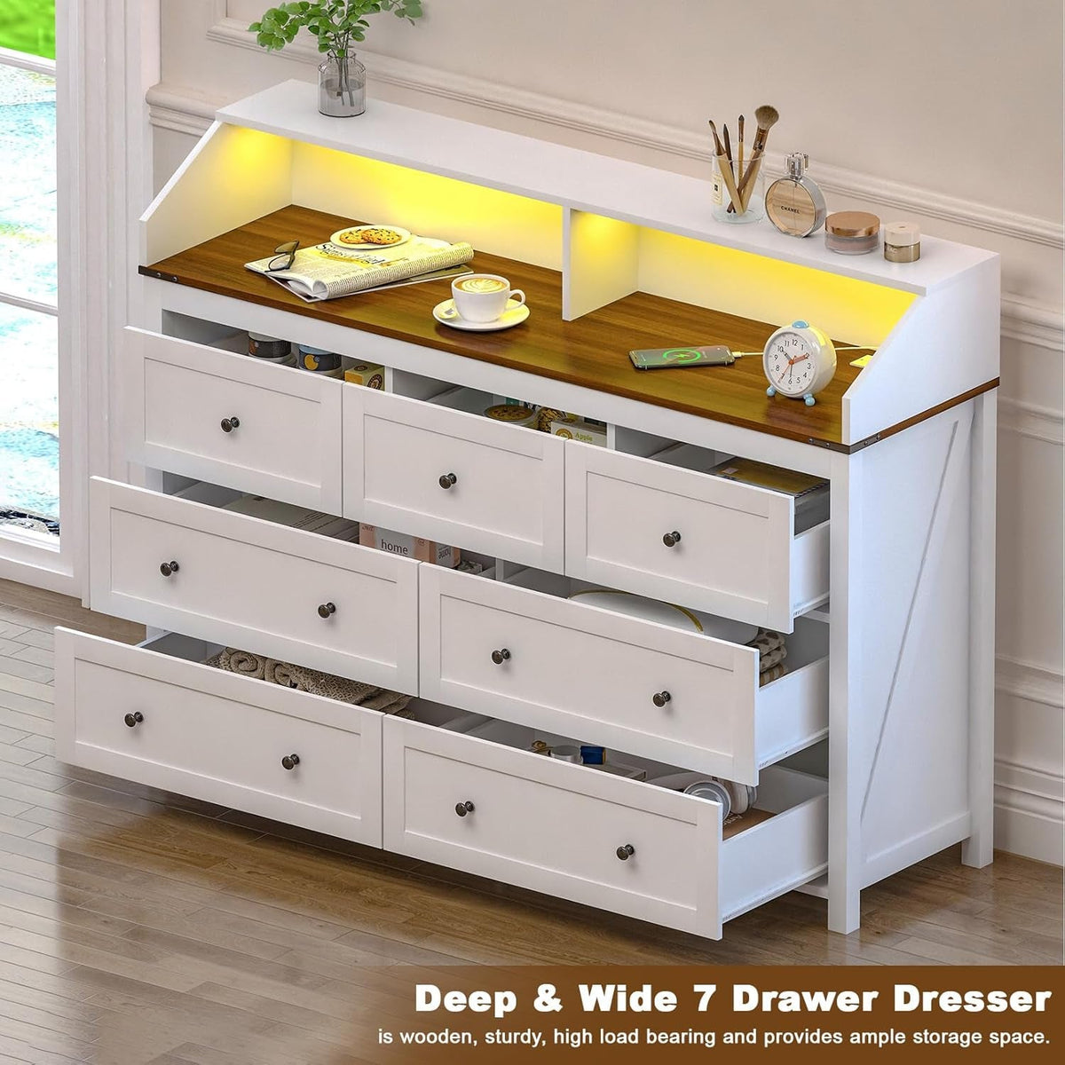 7 Drawer Dresser With Charging Station And RGB Lights