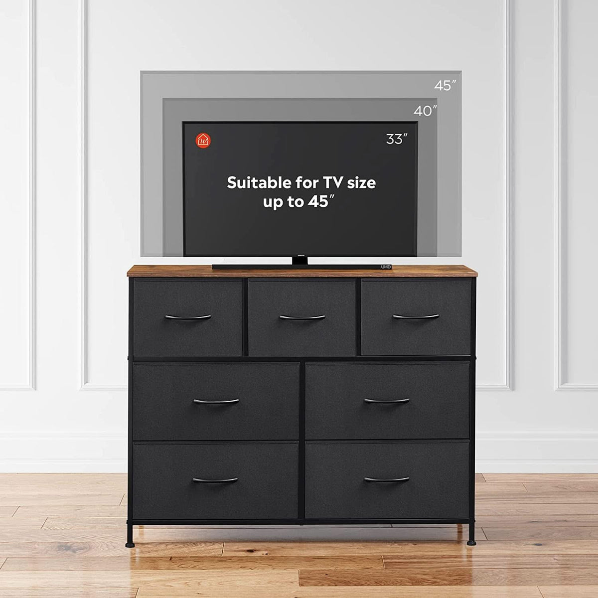 7 Drawer Dresser With Deep Storage And Wood Top Finish