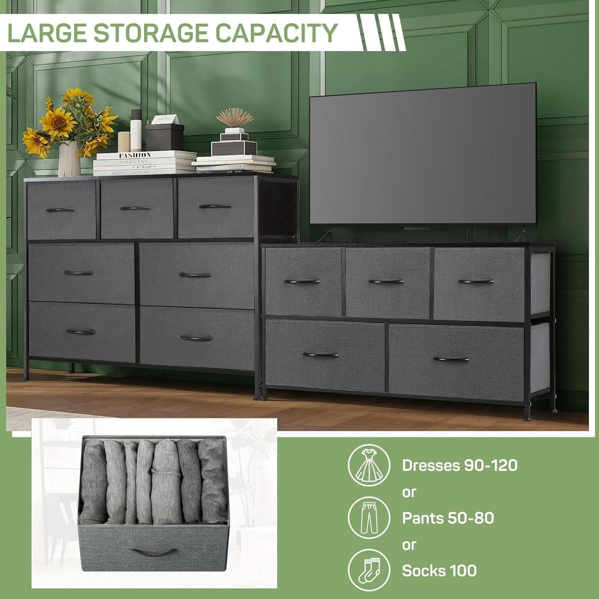 7 Drawer Dresser With Wooden Top TV Stand For 45 Inch TV