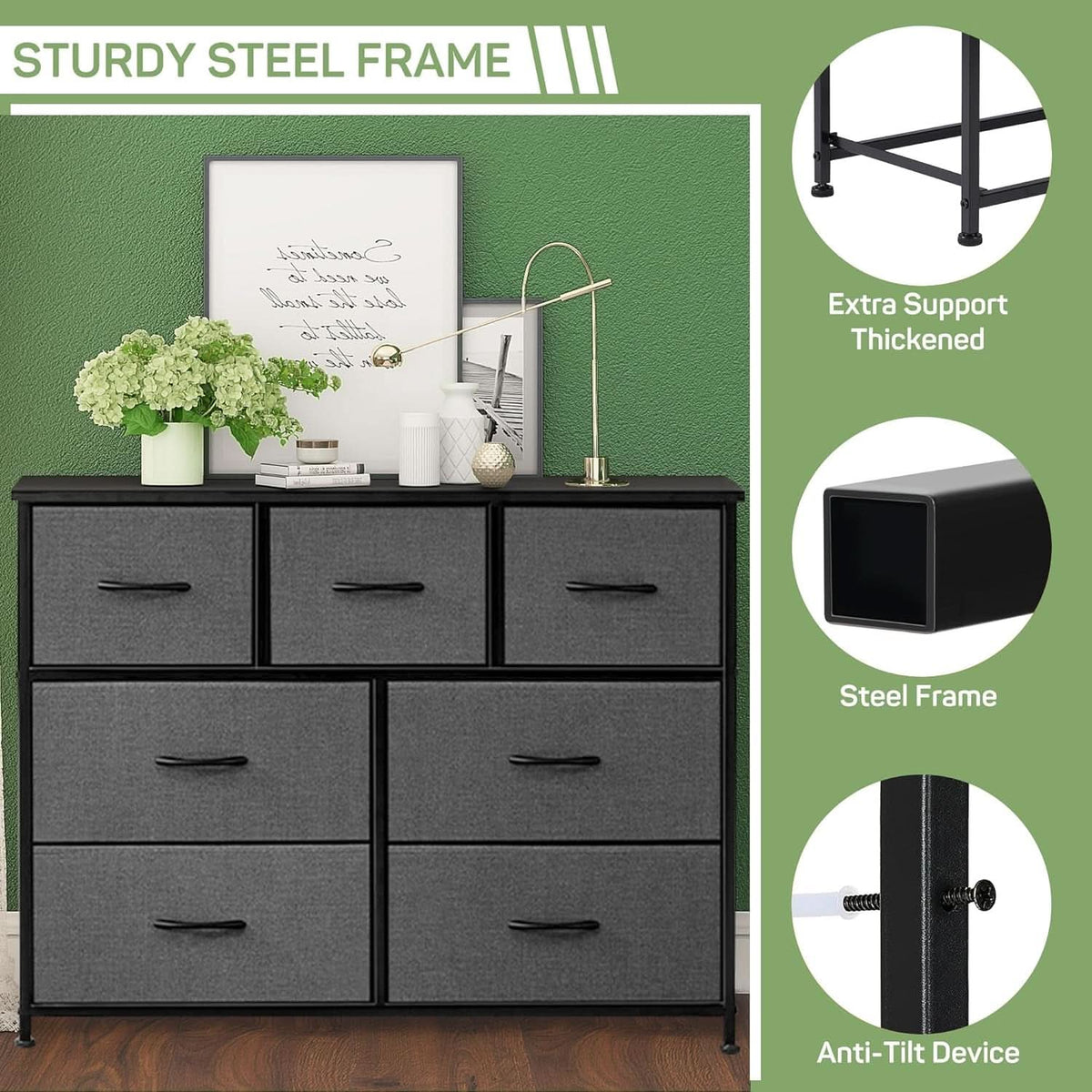 7 Drawer Dresser With Wooden Top TV Stand For 45 Inch TV