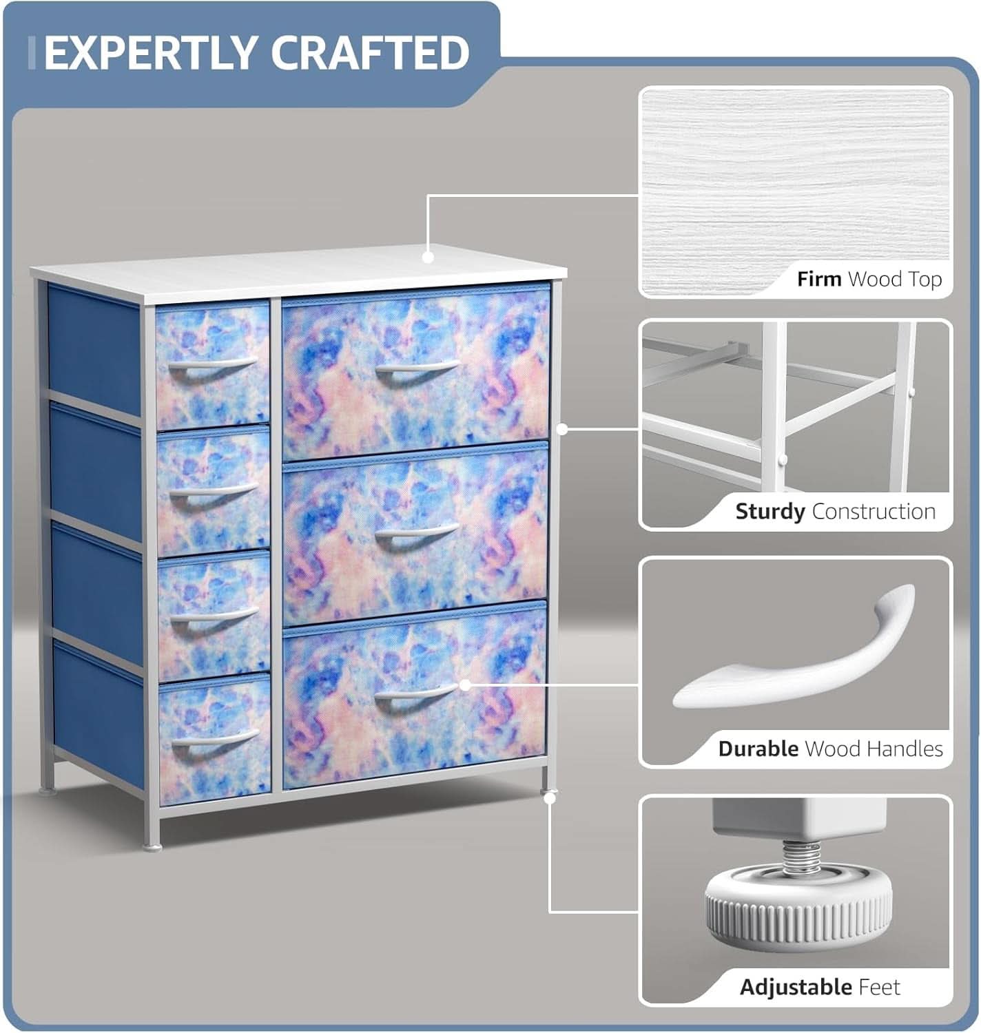 7 Drawer Kids Dresser With Tie Dye Fabric Bins And Wood Top