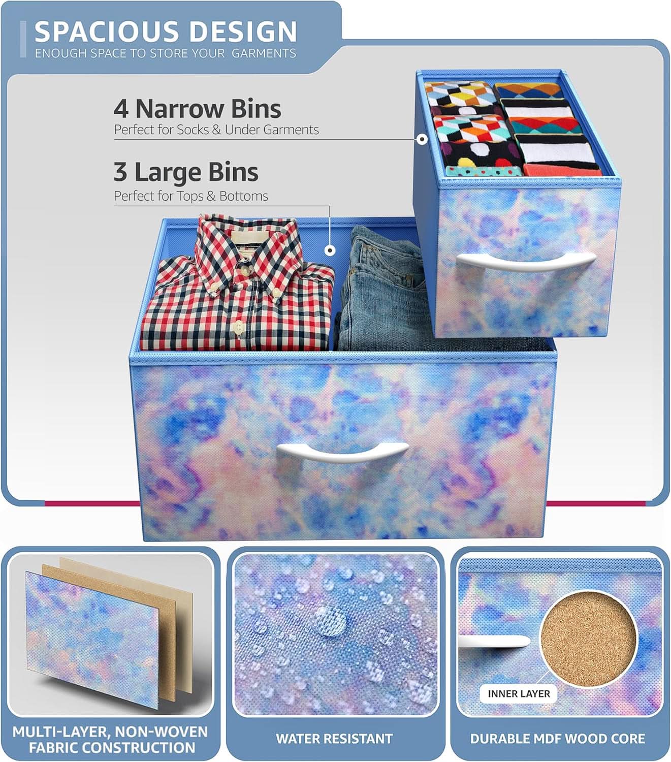 7 Drawer Kids Dresser With Tie Dye Fabric Bins And Wood Top