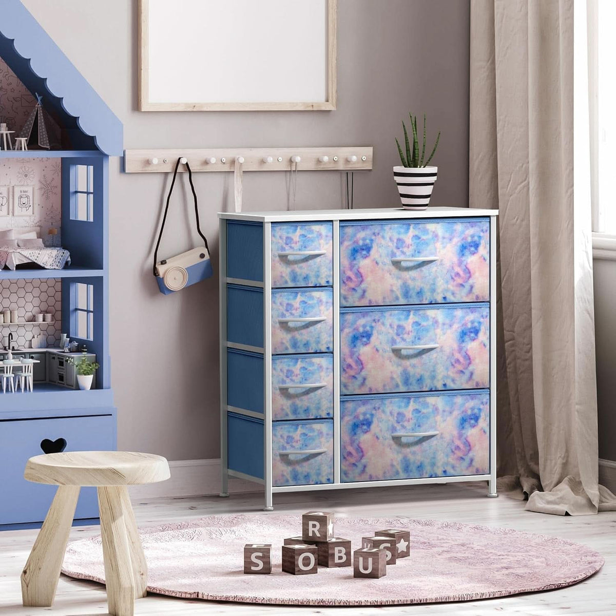 7 Drawer Kids Dresser With Tie Dye Fabric Bins And Wood Top