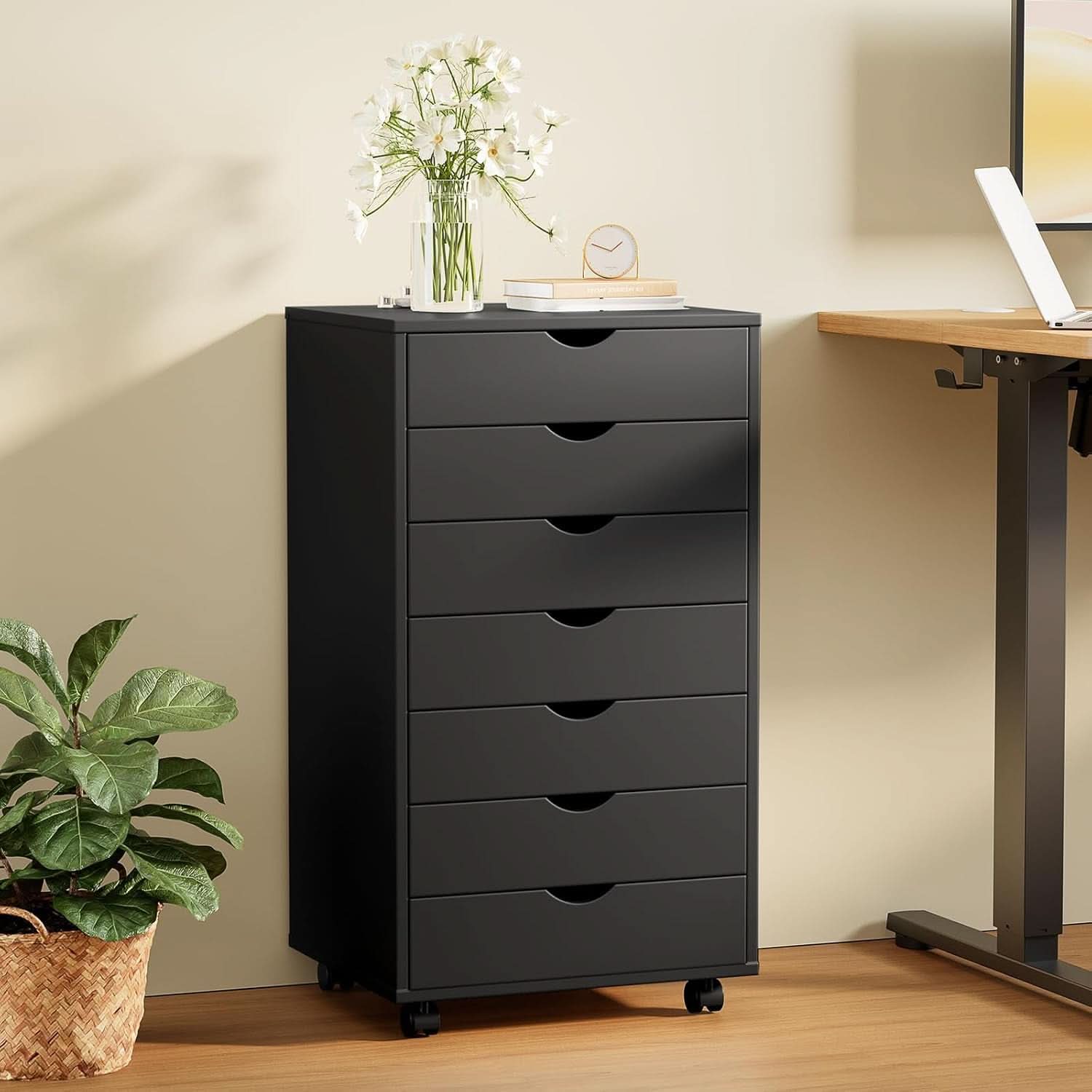 7-Drawer Mobile Storage Chest Wooden Dresser With Wheels Black Wood