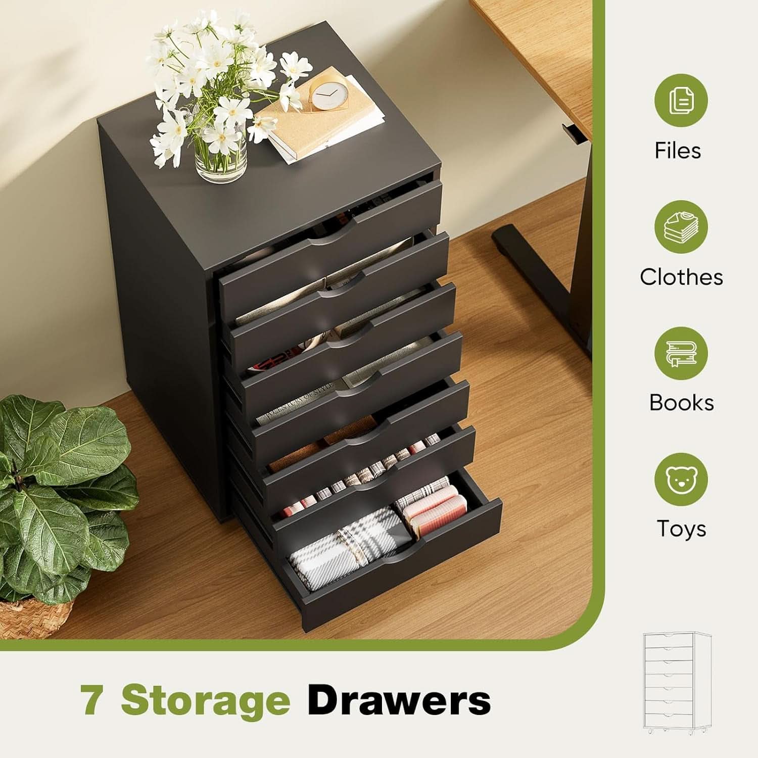 7-Drawer Mobile Storage Chest Wooden Dresser With Wheels Black Wood