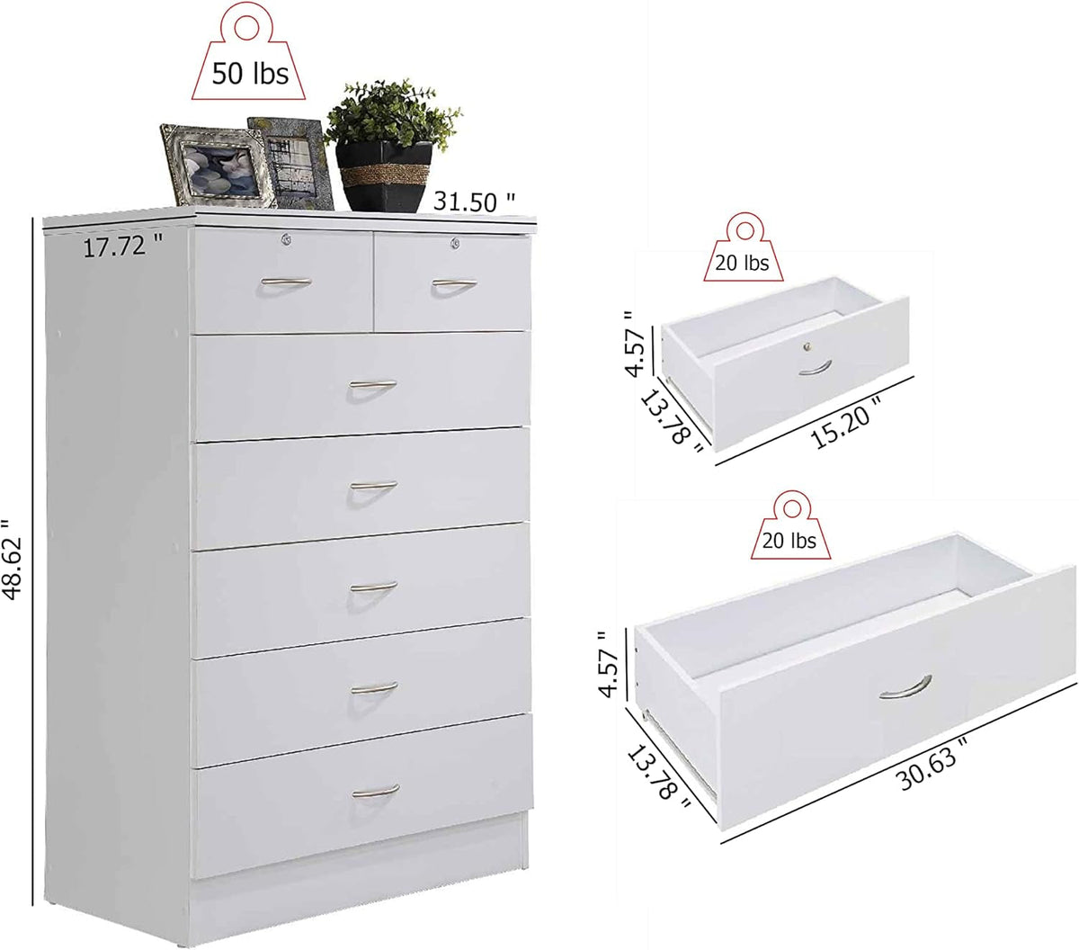 7 Drawer Wood Dresser 31.5 Inch Wide White Bedroom Storage