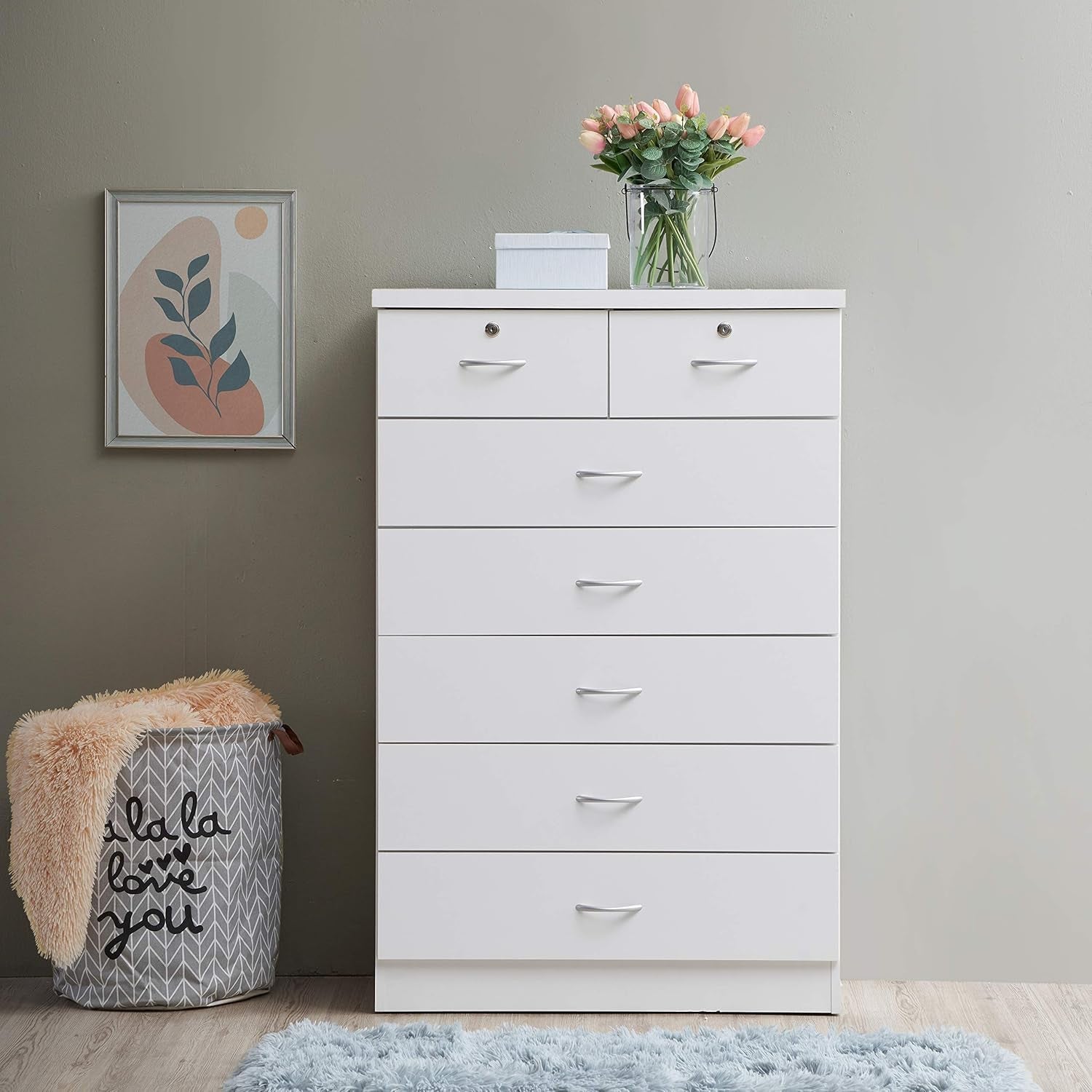 7 Drawer Wood Dresser 31.5 Inch Wide White Bedroom Storage