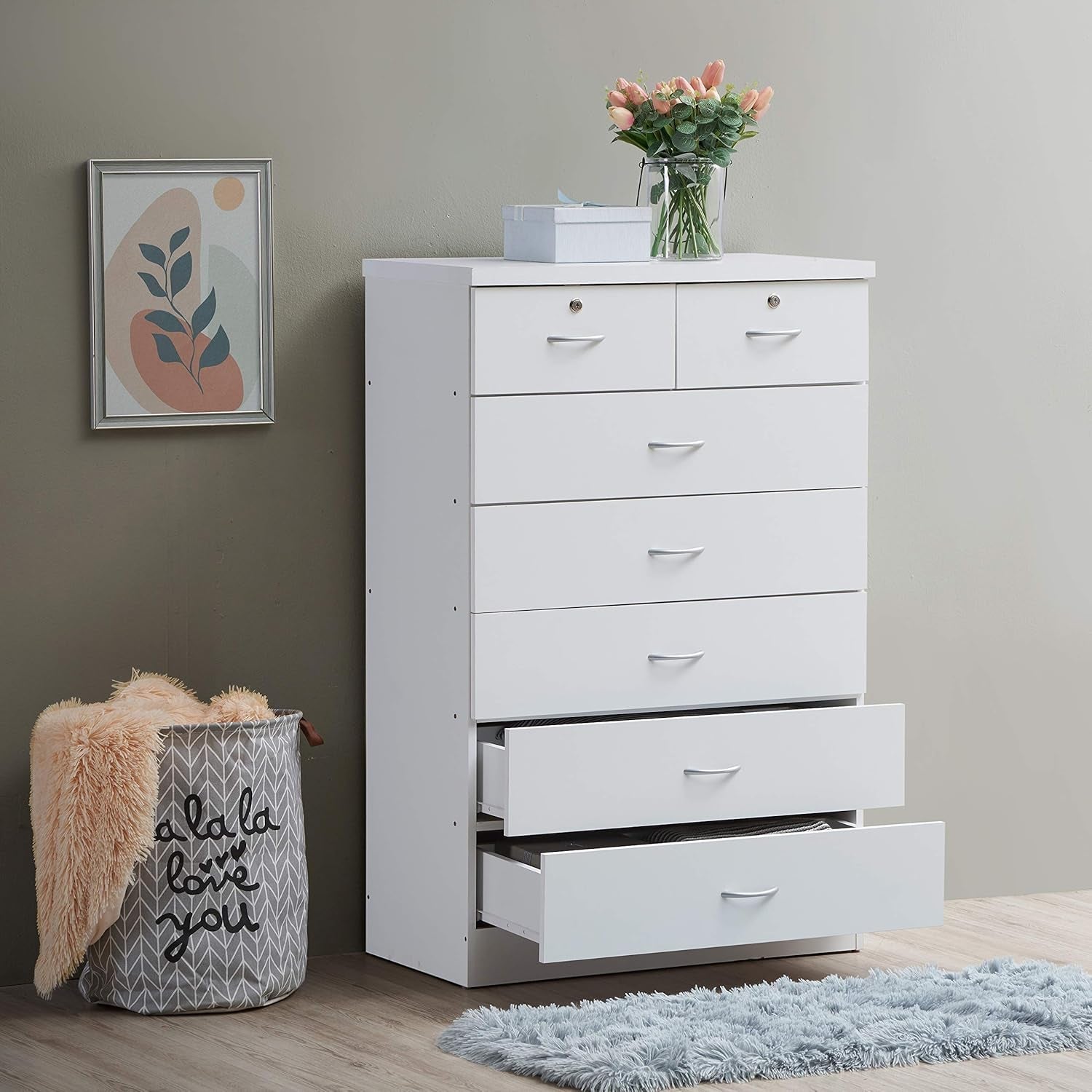 7 Drawer Wood Dresser 31.5 Inch Wide White Bedroom Storage