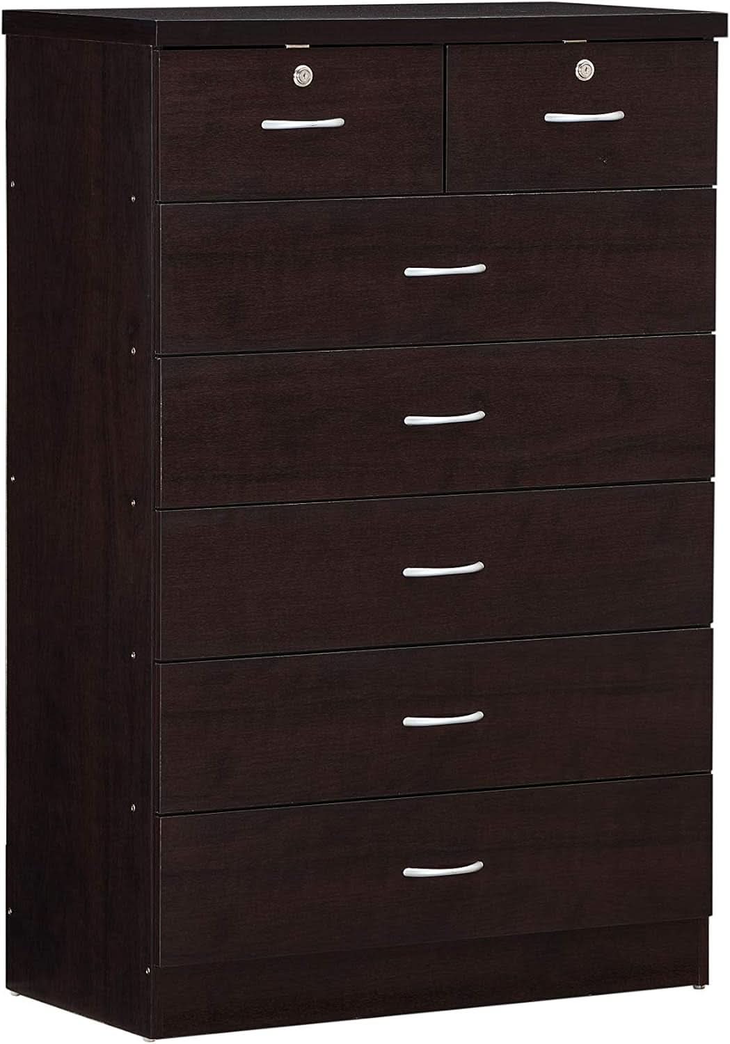7 Drawer Wood Dresser For Bedroom 31.5 Inch Wide With Top Drawer Locks Chocolate