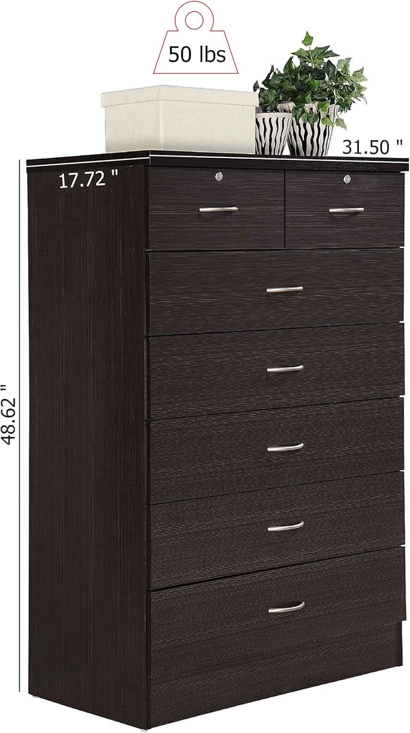 7 Drawer Wood Dresser For Bedroom 31.5 Inch Wide With Top Drawer Locks Chocolate