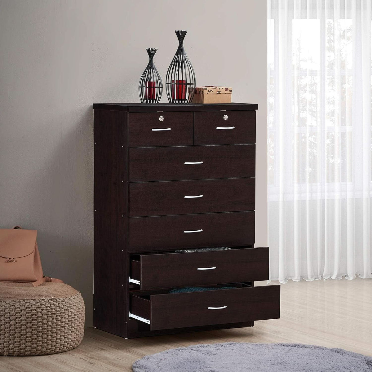 7 Drawer Wood Dresser For Bedroom 31.5 Inch Wide With Top Drawer Locks Chocolate