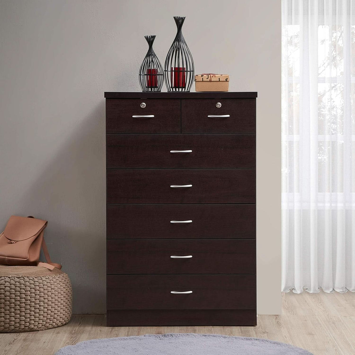 7 Drawer Wood Dresser For Bedroom 31.5 Inch Wide With Top Drawer Locks Chocolate