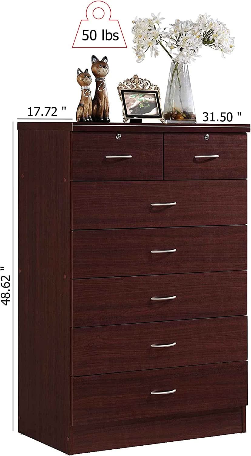 7 Drawer Wood Dresser Mahogany With 2 Locks On Top Drawers