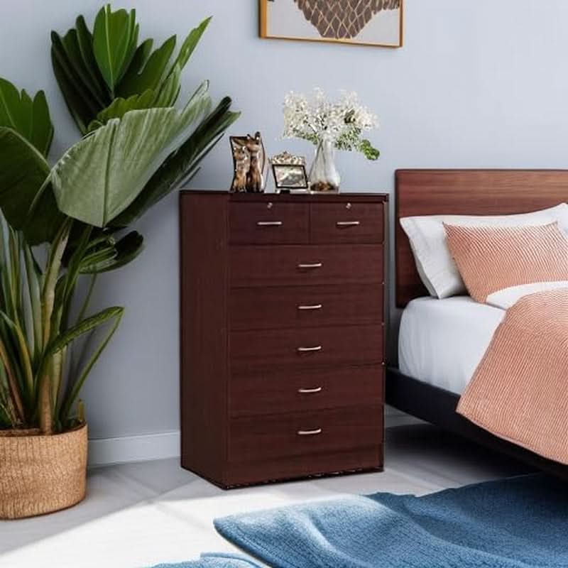 7 Drawer Wood Dresser Mahogany With 2 Locks On Top Drawers
