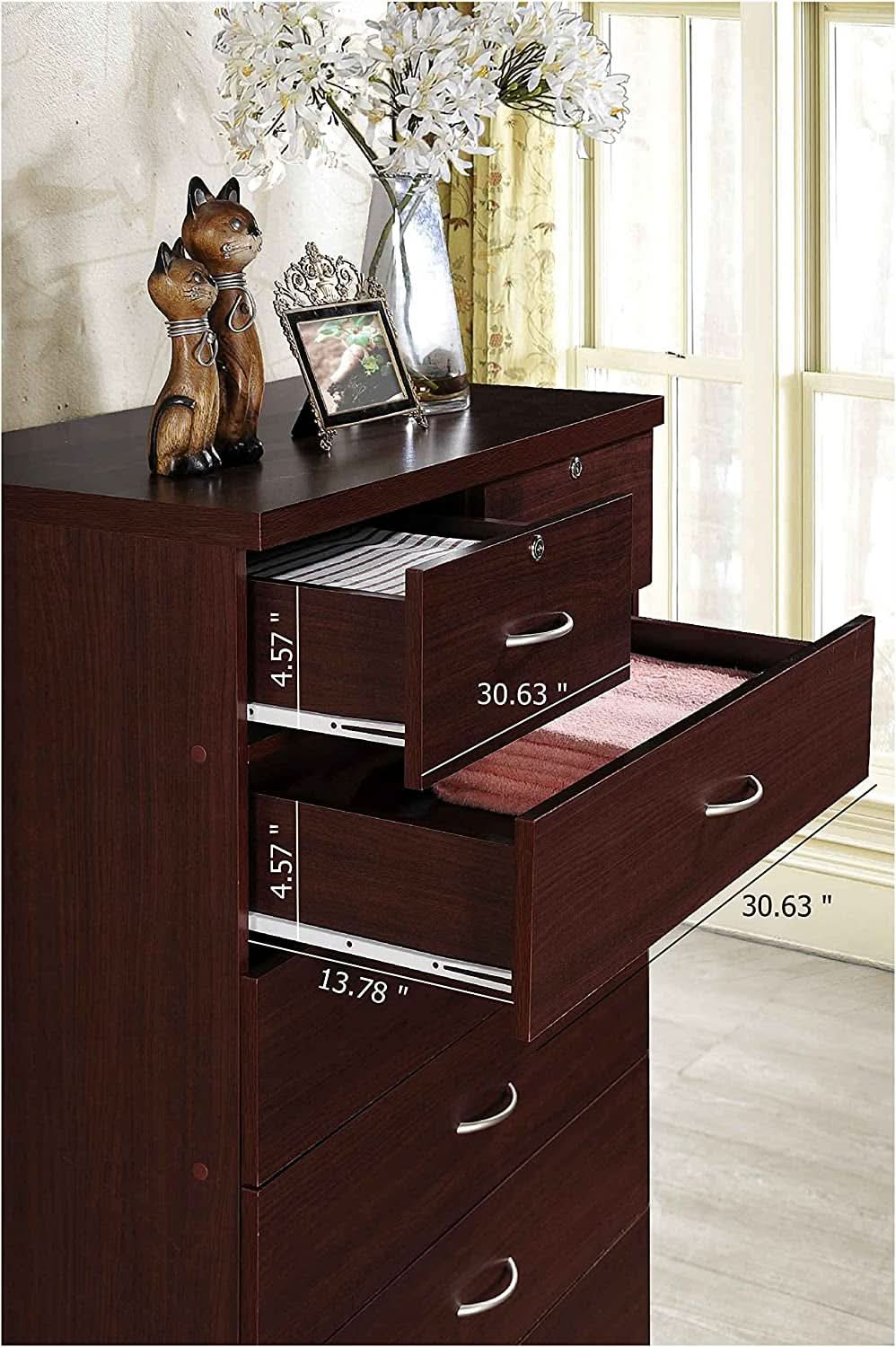 7 Drawer Wood Dresser Mahogany With 2 Locks On Top Drawers