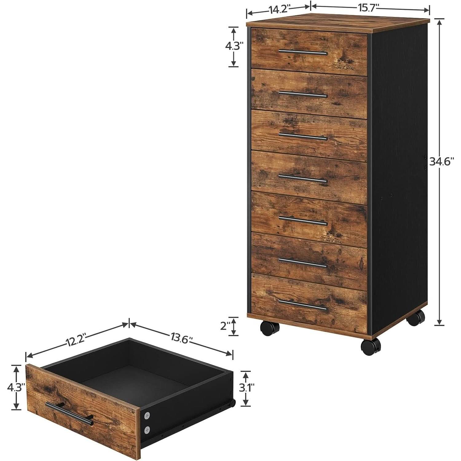 7 Drawer Wooden File Cabinet For Home Office Rustic Brown