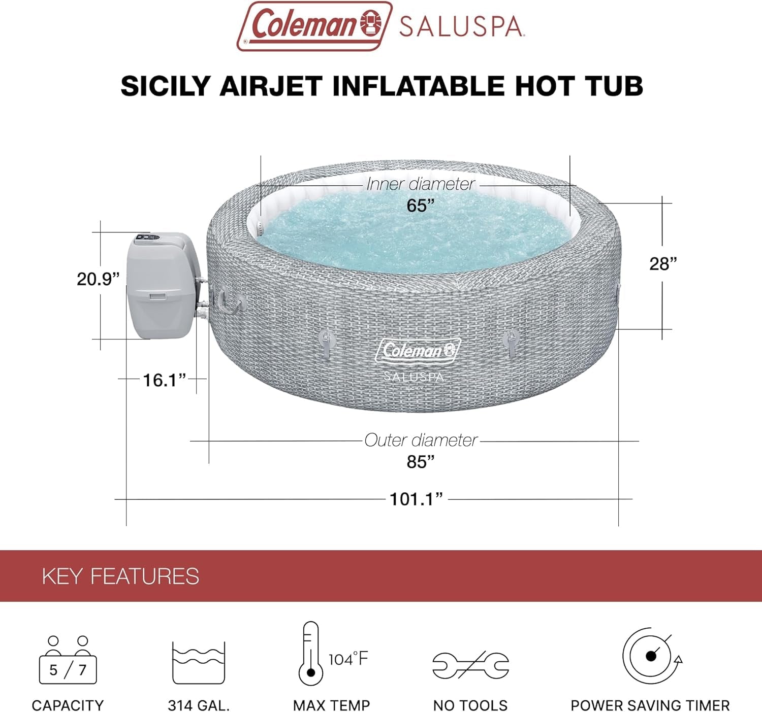 7 Person Gray Inflatable Hot Tub With 180 AirJets Backyard
