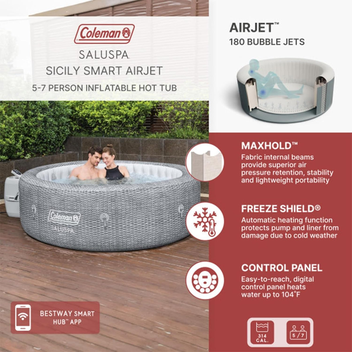 7 Person Inflatable Hot Tub With 180 Jets Outdoor Durable