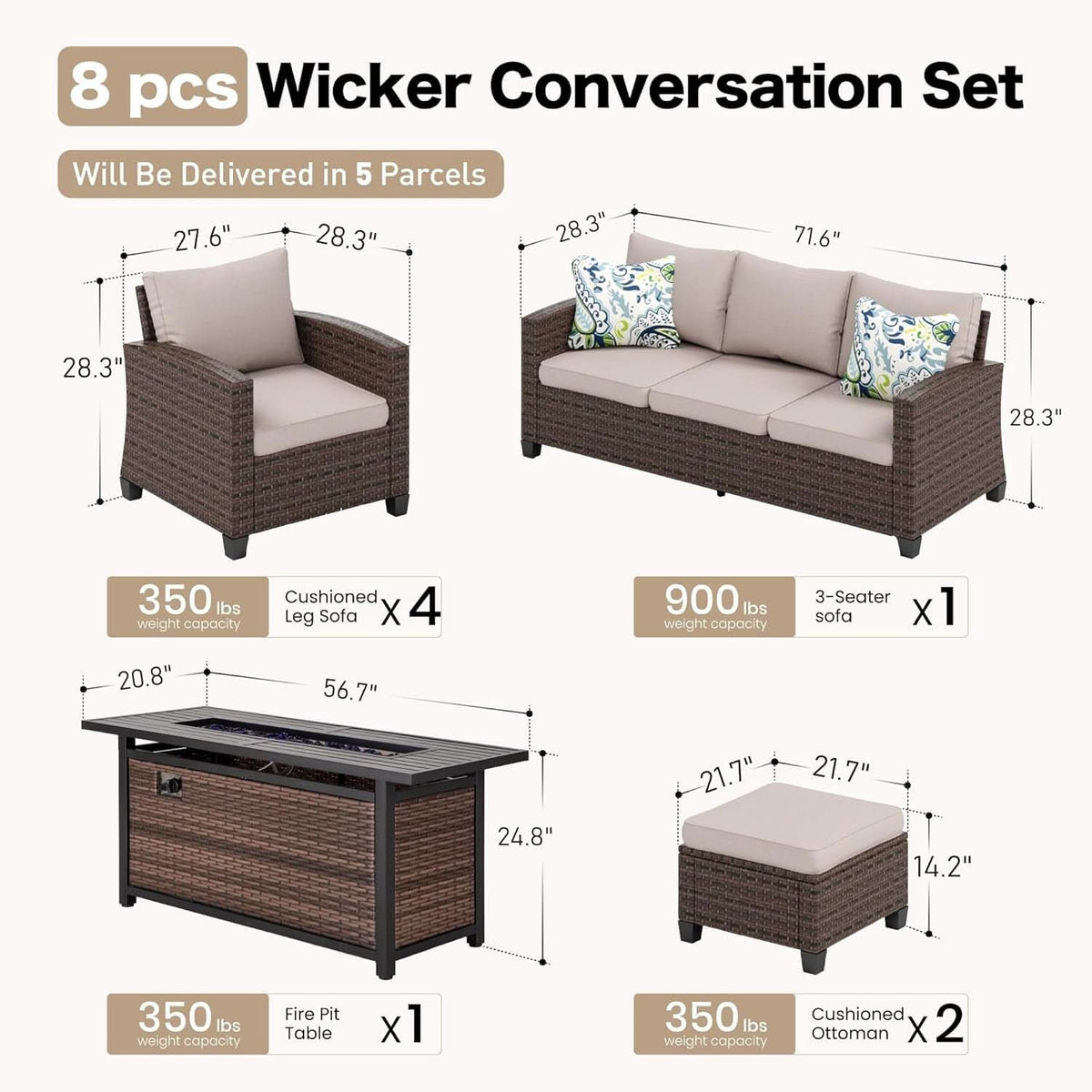 7 Piece Brown Wicker Patio Furniture Set With Fire Pit Table 9 Seats