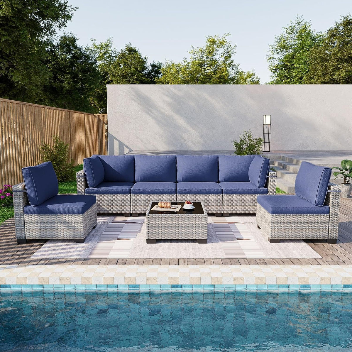 7 Piece Navy Blue Patio Furniture Set With Thick Cushions