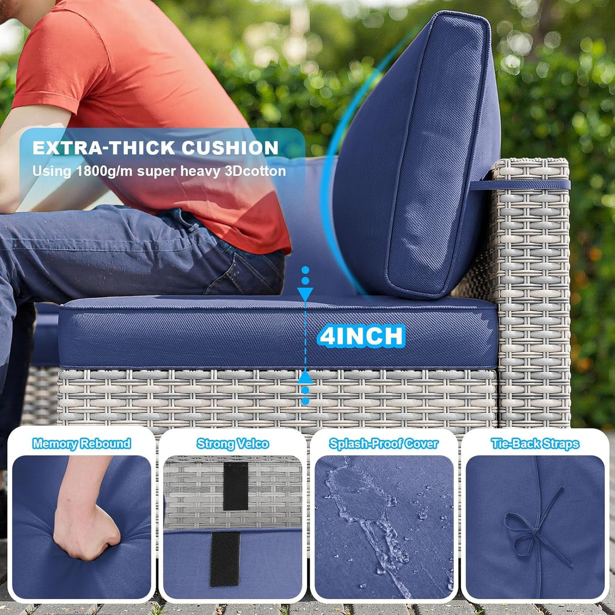 7 Piece Navy Blue Patio Furniture Set With Thick Cushions