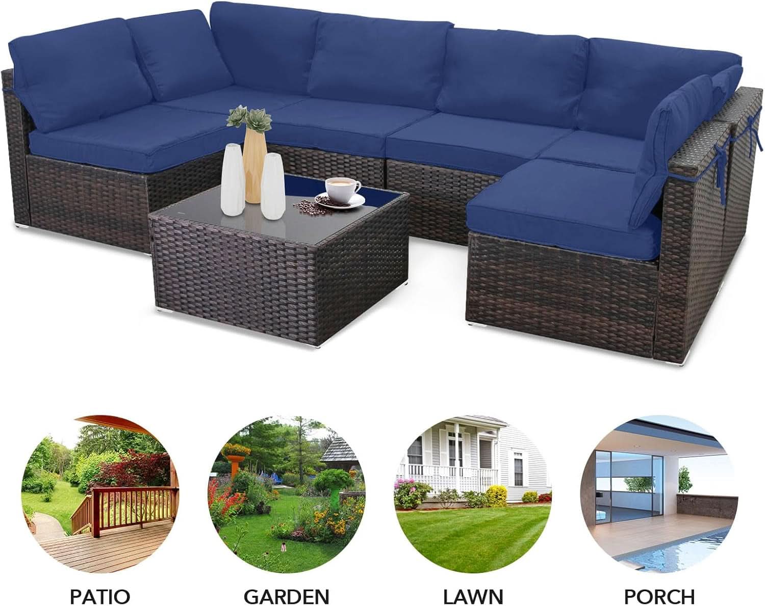 7 Piece Outdoor Patio Furniture Set Rattan Sectional
