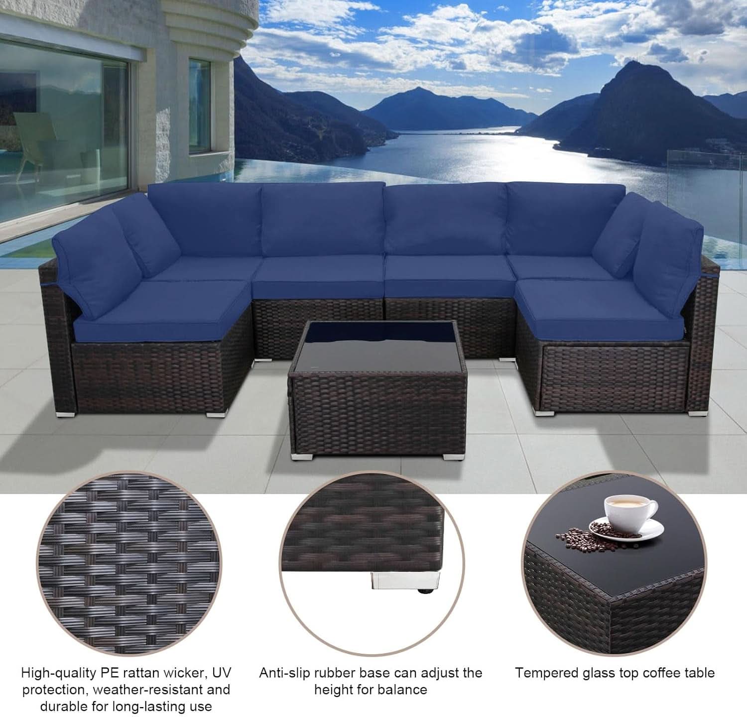 7 Piece Outdoor Patio Furniture Set Rattan Sectional