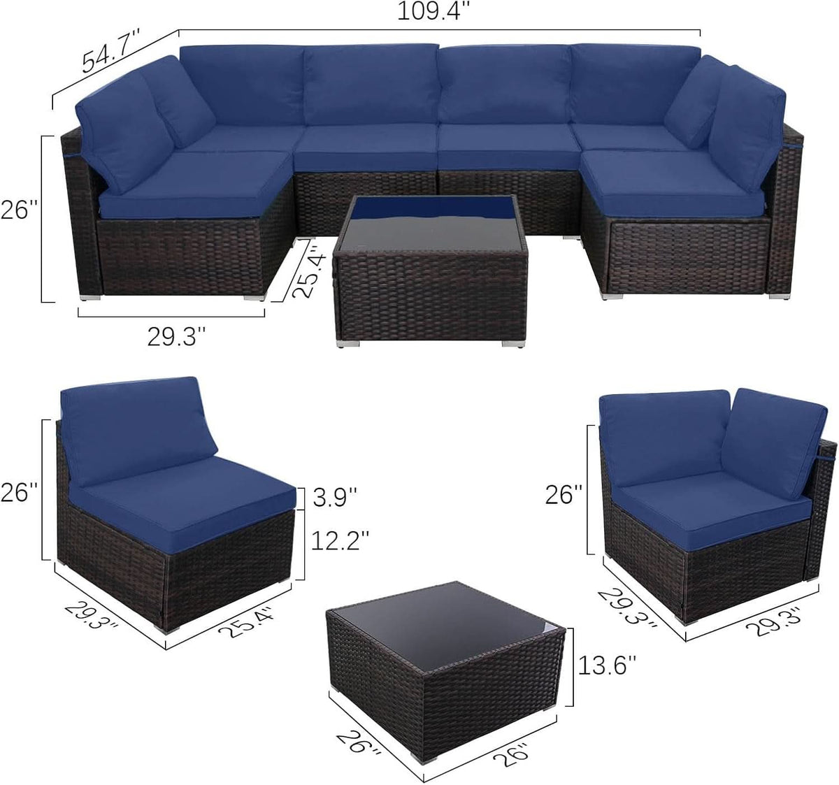 7 Piece Outdoor Patio Furniture Set Rattan Sectional